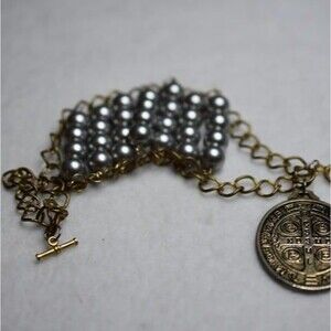 Vintage Religious St.Benedict 1.5 in Medalion Gold Tone Lt. Blue Beads Bracelet